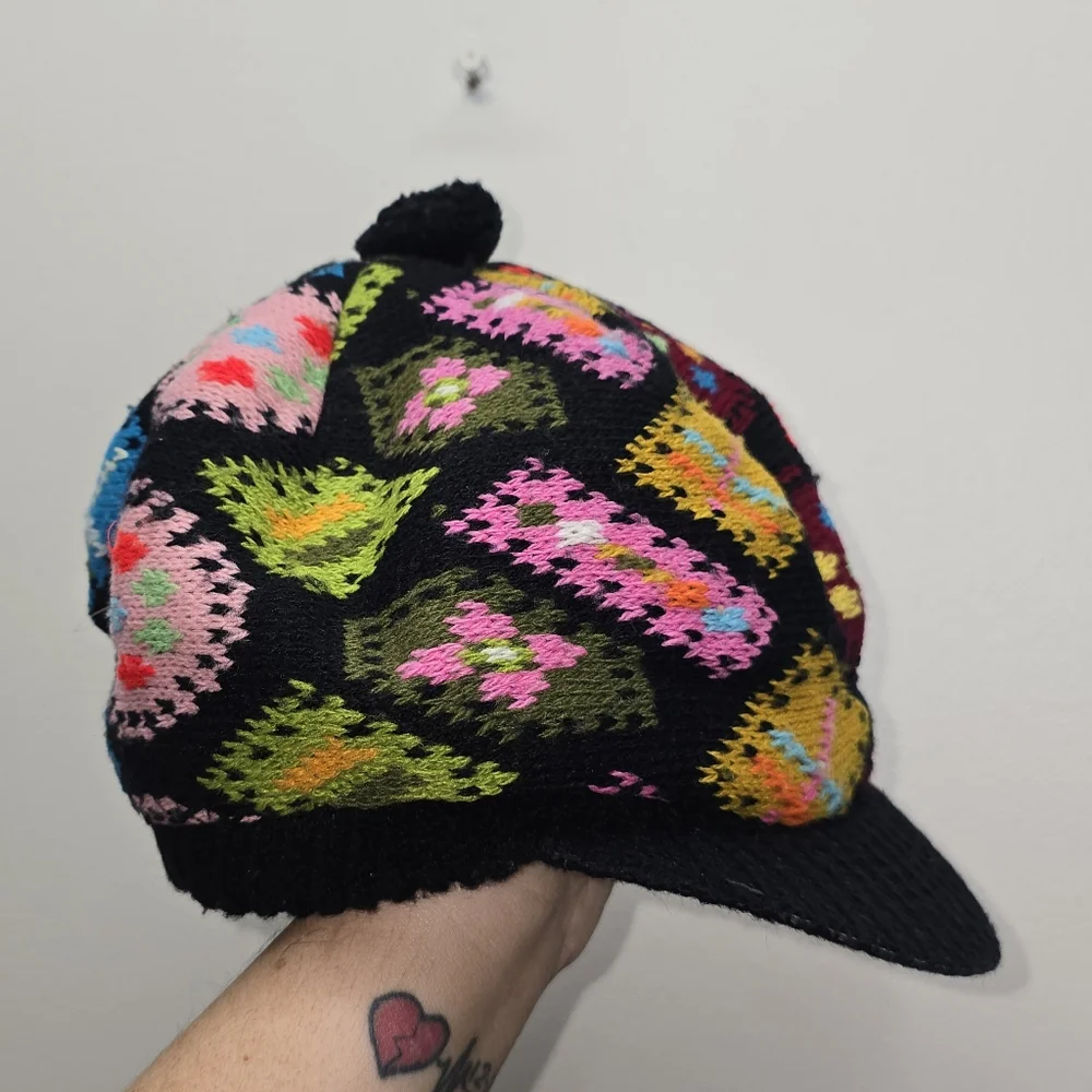 Zwicker Vintage Granny Square Hat Patchwork Pom Pom Crochet Festival Retro